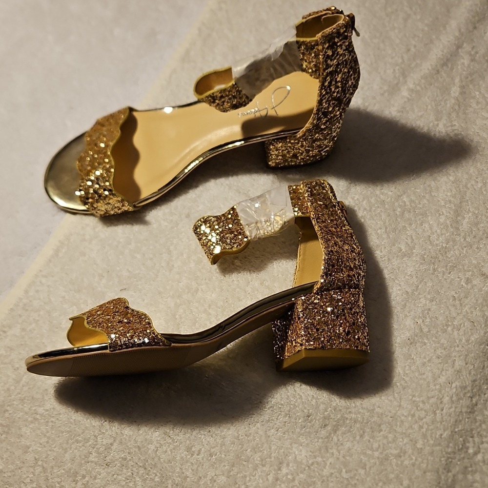Gold Glitter Synthetic Strappy Block Heel Ankle Strap Open Toe Zip Size 5.5